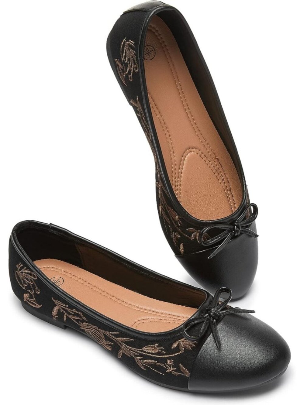 Women's Black Leather Pomegranate Embroidery Bow Round Toe Flats Dressy Shoes
